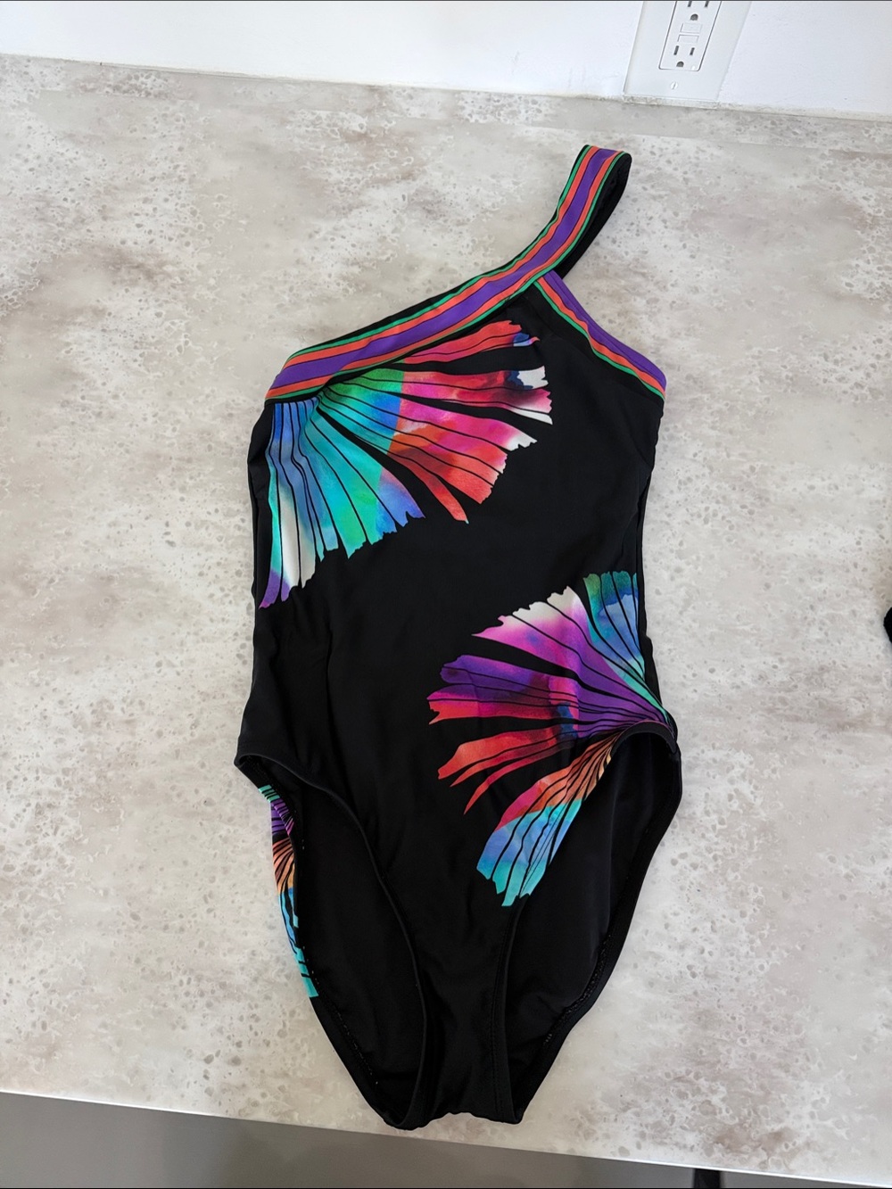 La Blanca Black One-Shoulder Swimsuit with Rainbow Fan Print - asymmetrical